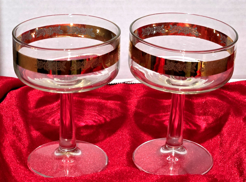 Vintage 2 Gold Encrusted Crystal 4oz Champagne/Dessert Floral Band Clear Glass