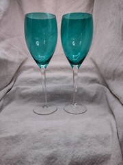 Two Blue Green Wine Goblet Glasses 10 Inches Tall Clear Stem