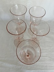 Vintage Pink Wine Glasses with Scallop Art Deco Design Set of Five
