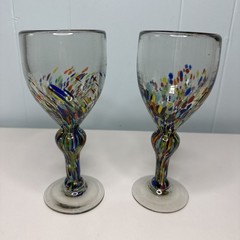 Mexican Art Glass Goblets Pair of Hand Blown Colorful Confetti Wine Glasses