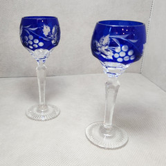 Pair Vintage Cobalt Blue Cut to Clear Crystal Cordial Liqueur Glasses 4.75″ tall