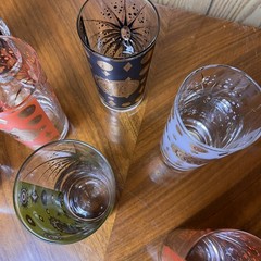 Vintage Fred Press Atomic Starburst 7 Glasses Mid Century Mod Signed Barware 60s