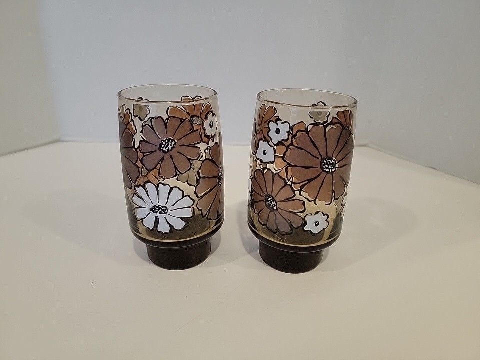 Vintage 1970s Libbey Camellia Tawny Tumblers Pair (2) MCM – 16oz- Very Clean