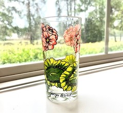 Floral Glassware Georges Briard Vintage Mid-Century Pink and Green 14oz Set of 6