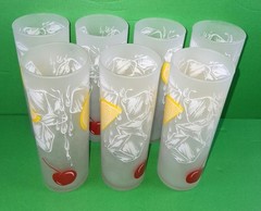 Vintage 7 Federal Glass Frosted Tom Collins Glasses Ice Cubes Cherry Lemon Fruit