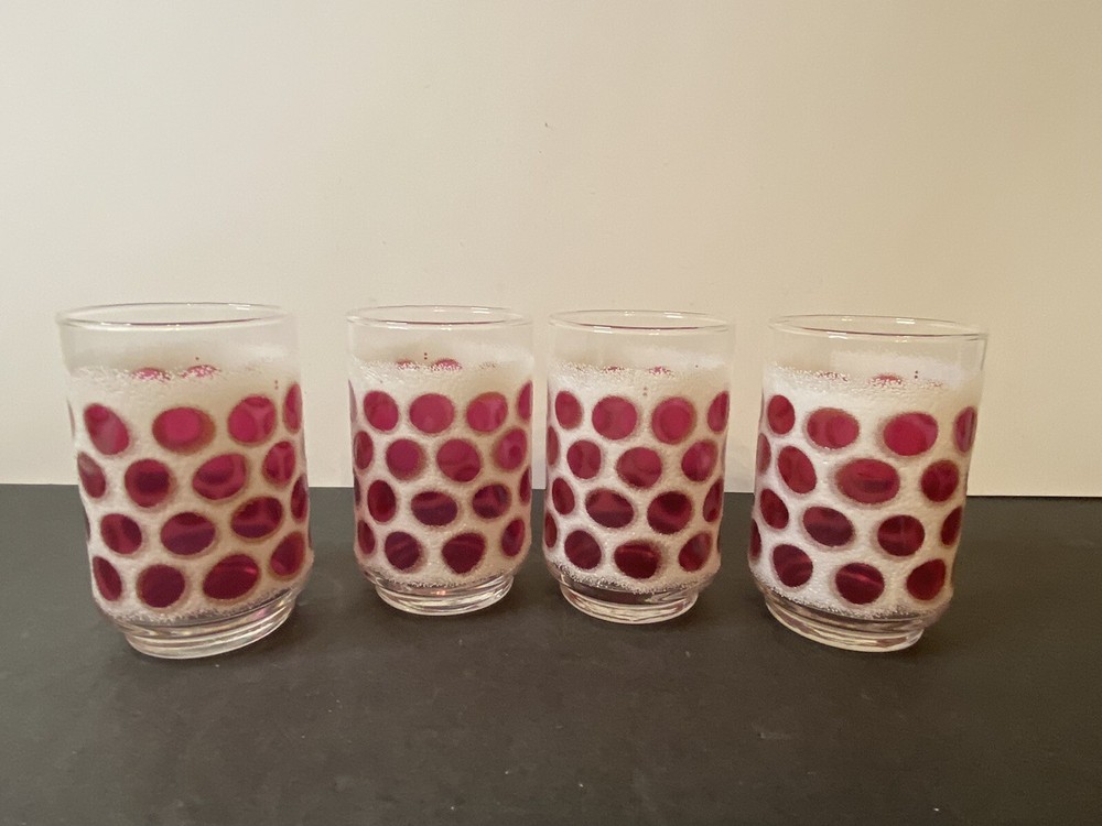 (4) Vtg Libbey Cranberry Concord Frosted Polka Dot Drinking Glasses 12Oz 4.5”H