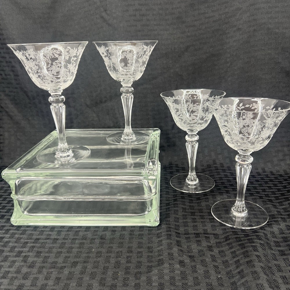 VINTAGE 1941-1966 TIFFIN CERICE OPTIC ROSE ETCHED CRYSTAL 4 CHAMPAGNE GLASS 5”