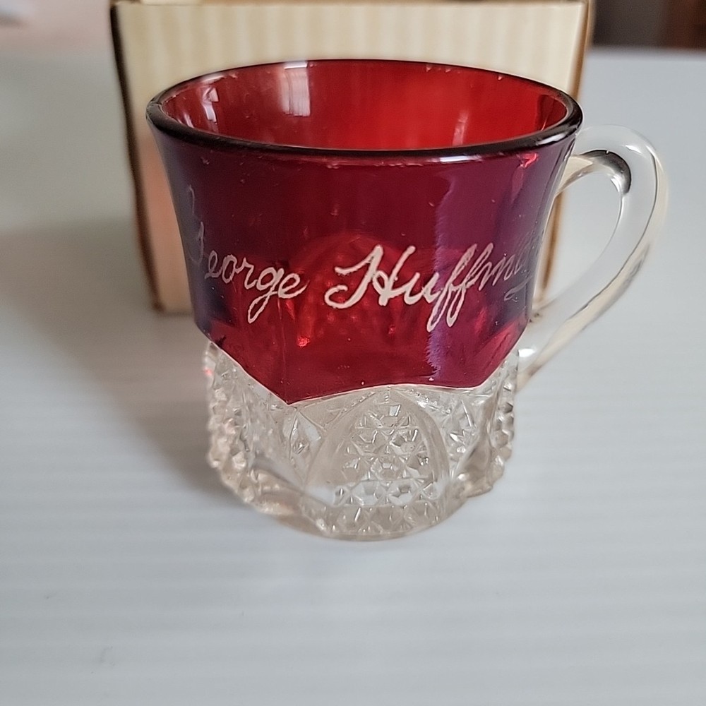 Vintage Flashed Ruby Glass Souvenir Mug George Huffman Engraved
