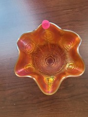 Super Dark Marigold Fenton Carnival Glass Captive Rose Ruffled Compote