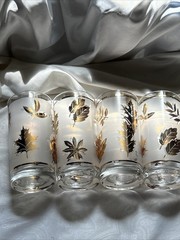 Vtg Libbey Frosted Gold Leaf Set Of 4 Glasses Tumblers MCM Barware Highball Gift