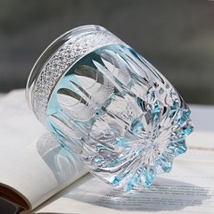 Hand Cut Crystalline Rocks Whiskey Glass Sky Blue Glass Tumbler & Gift Box 11oz