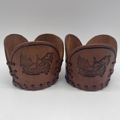 Two Libbey Bamco Western Texas Buffalo Tooled Leather Drinking Glass Holders