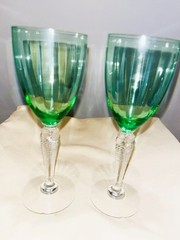 Vintage HC Fry Uranium Glass Wine Glasses Twisted Stem Ribbed Optic Green Set/6