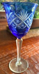 Vintage Bohemian Crystal Wine Goblet Glass- cobalt blue cut-to-clear
