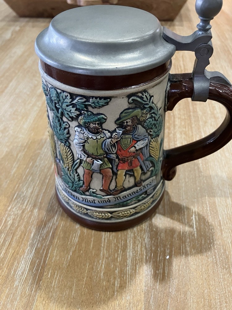 Vintage Gerzit German Beer Stein Pewter Lid Hand Made – Raised Relief Tavern