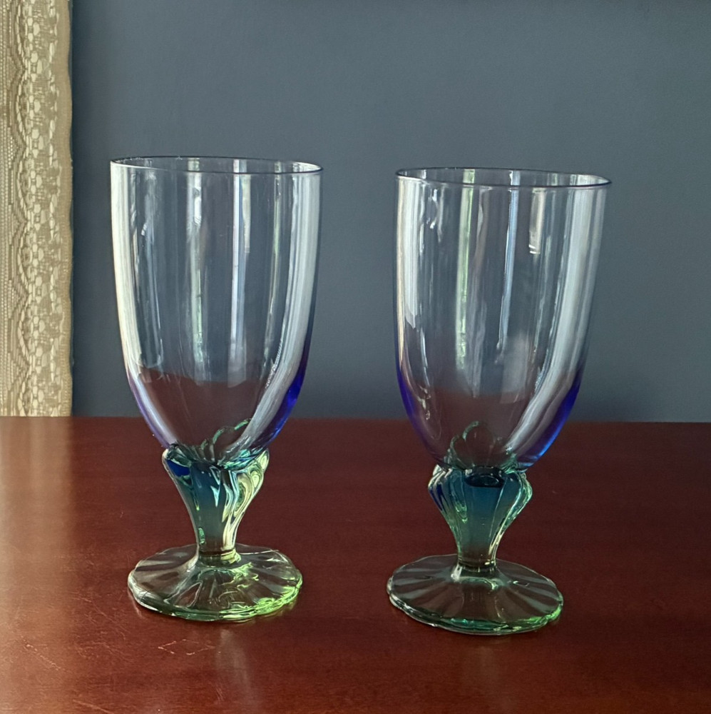 BORMIOLI ROCCO ITALY 2 BAHIA BLUE & GREEN ICED TEA GOBLETS GLASSES 7.5″ H