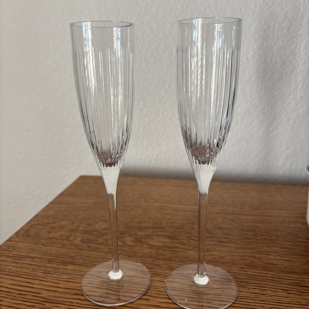Rogaska Vogue Champagne Flutes Set of 2 Signed 9.5″ Vintage 2001 Vertical Cuts