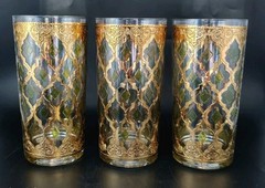 3 Vintage Culver Glass Valencia High Ball Glass 22k Gold Green MCM Barware EVC