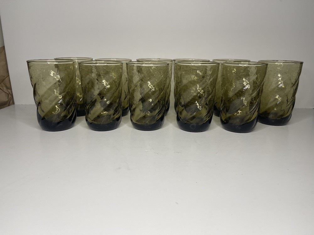 Hand Blown Green Swirl Crackle Glass Tumbler 4.75” (11 Available) / Pontil Mark