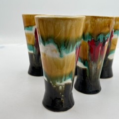 Set Of 5 Vintage Blue Green Red Drip Glaze Tumblers 5.5″ Retro MCM Boho Kitchen