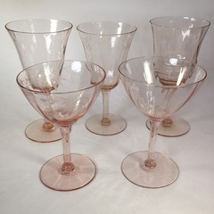 Vintage Pink Depression Glass Stemware 5 Piece Mix &Match Wine Champagne Glasses