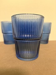 Blue Ribbed Glass Tumbler Glasses Set of 4 Round 3.5in x 4.25in