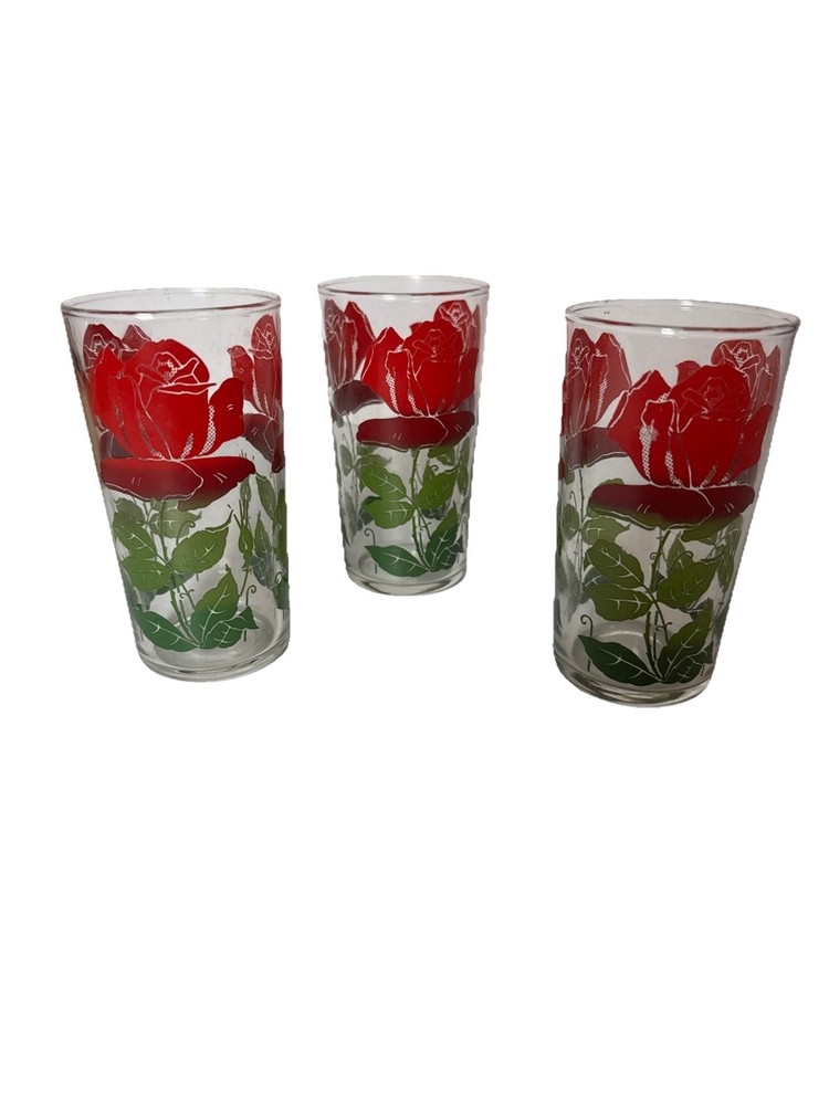 Vtg 1960’s MCM Anchor Hocking Red Rose Juice 8oz Drinking Glasses 4 5/8 In Set 3