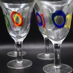 4 Hand Blown Art Glass Goblets Multi Color Circles