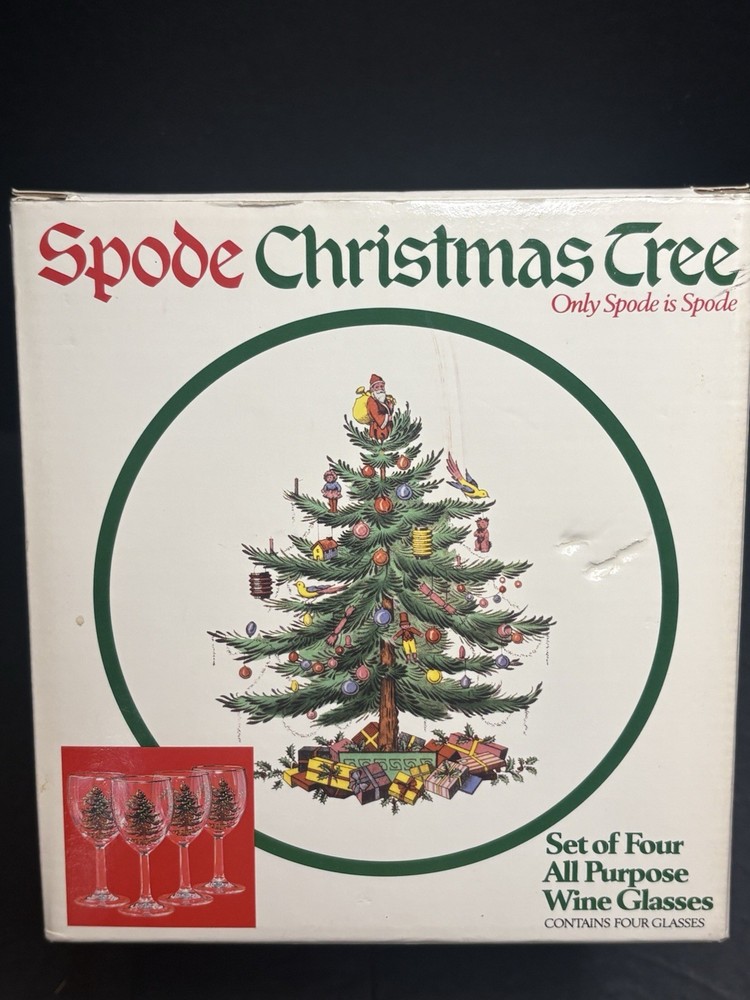 Vintage Spode Christmas Tree All Purpose Wine Glasses Set of 4 In Original Box