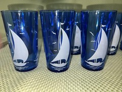 Vintage Hazel Atlas Cobalt Blue Seagulls Sailboat Glass Tumblers (8) 8 Oz 5” Ht