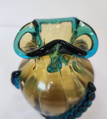 Antique Moser Portieux George Sand Blown Glass Vase Amber Teal Applied Serpent 5