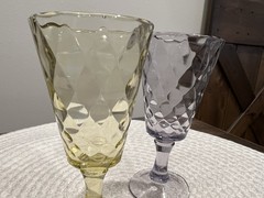2 EAPG 1890’s Bryce Bros Diamond Quilted Glass Stem Goblets, Yellow & Grey
