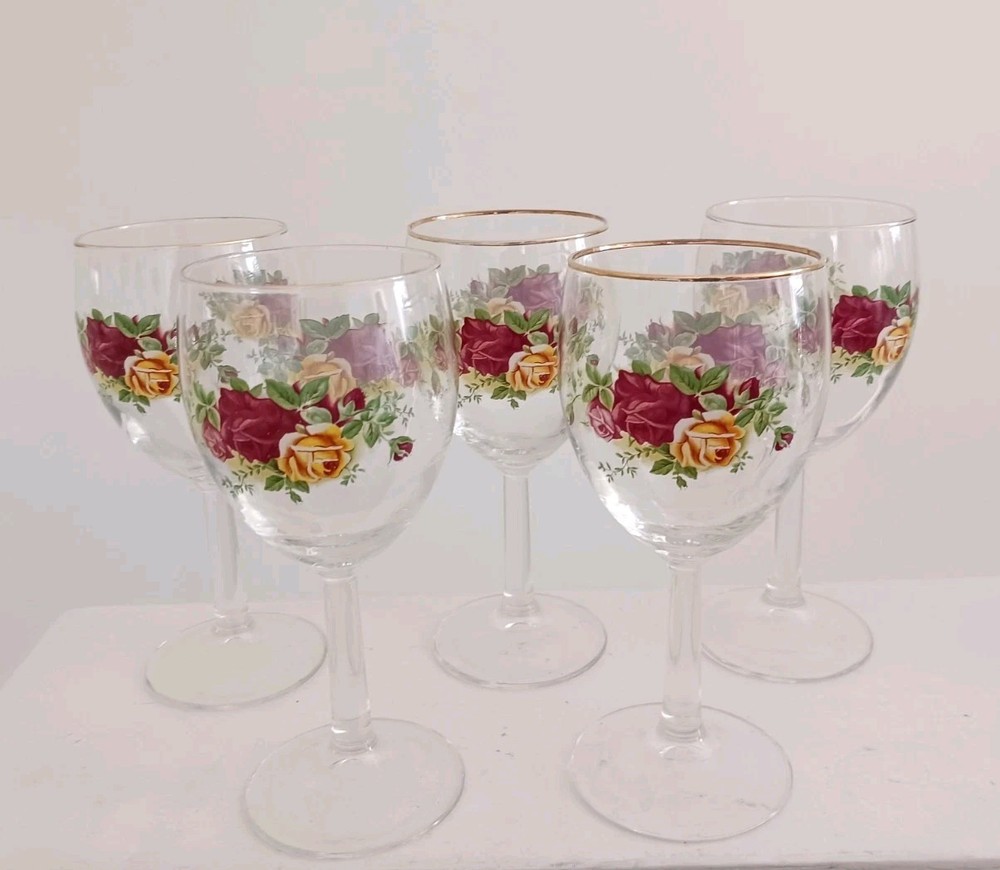 Royal Albert Old Country Roses Wine Glasses – Set/5 – Gold Rim