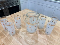 Vintage MCM Atomic Starburst Pitcher & 6 Collins Glasses Space Age Retro Barware