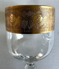 2 Pc Glastonbury Lotus Goldenrod Pattern Water Wine Goblets 22K Gold Encrusted