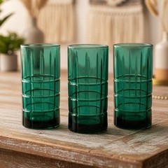 3 Vintage Anchor Hocking Tartan Manchester Tumbler Glasses Dark Olive Green 6″