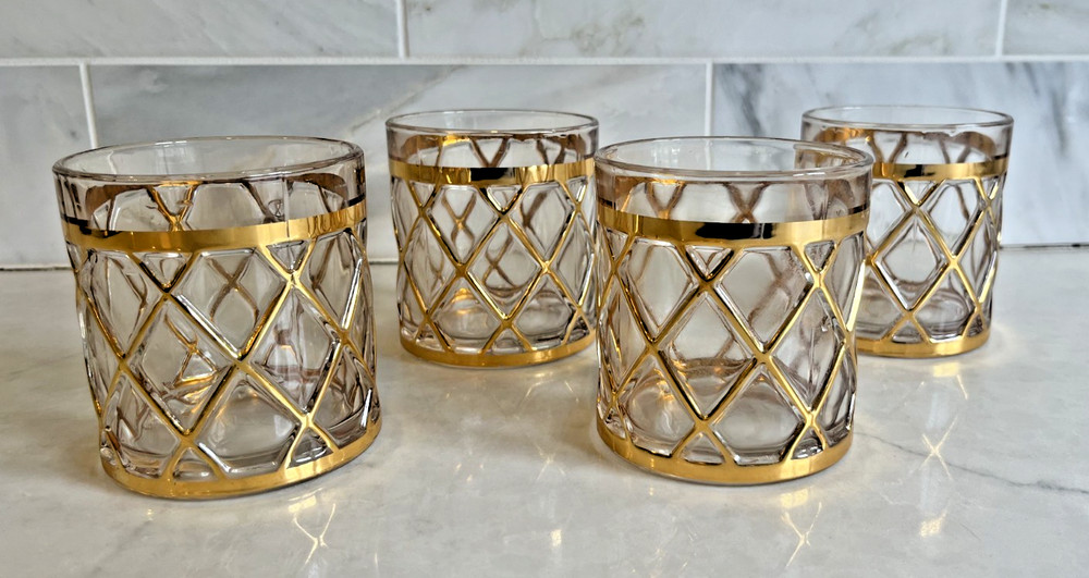 Altuzzura Gold Lattice Rocks Glasses Set of 4 Vintage MCM Barware Tumblers