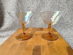 FOSTORIA Amber Mother of Pearl Low Sherbet Glass Set of 2 Optic Loop Iridescent
