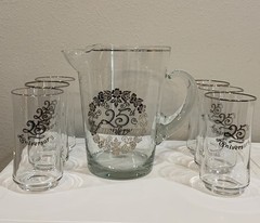 Vtg Silver 25th Anniversary Clear Glass Pitcher 6 Glasses Silver Accent Set Gift