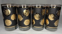 Lot Of 4 Vintage Libbey Gold Coins Tumblers Black & Gold MCM Highball Glasses 5”