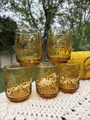 VTG Libbey Amber Glass Set Of 5 Juice Tumbler Daisy Flower Power 70s Groovy