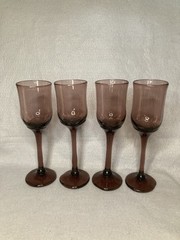 4 SIGNED Art Glass Stemmed Wine Goblets Purple Hand Blown Vintage Glassware 8 oz