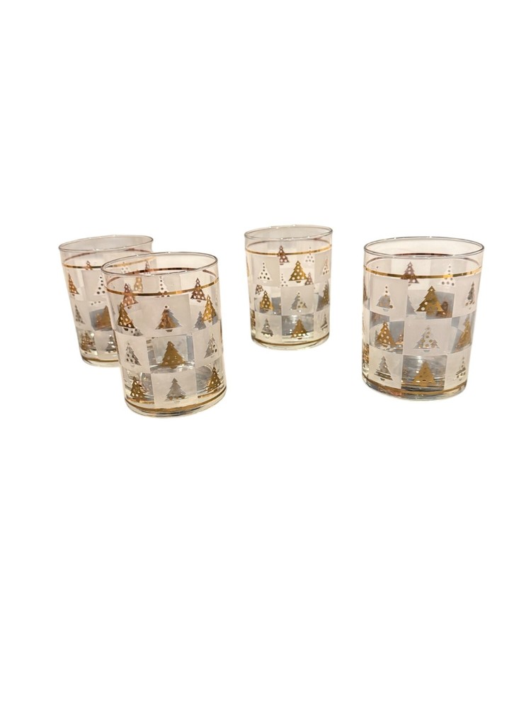 Culver Mid-Century Christmas Highball Glasses Set Of 4 Gold Trees Frosted Square