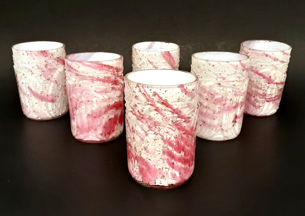 SET 6 Antique NORTHWOOD Glass «LEAF MOLD» Cased Cranberry Mica Tumblers EAPG