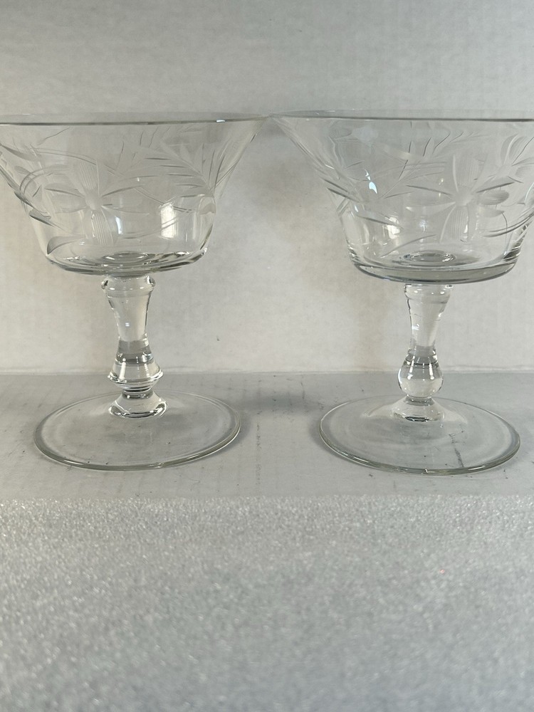 Vintage Floral Etched Optic Panel Crystal Water Wine Stem Drink Clear Glass Set