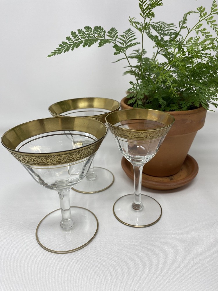 Tiffin Franciscan RAMBLER ROSE Lot 2 Champagne & 1 Cordial Gold Rim VNTG Glass