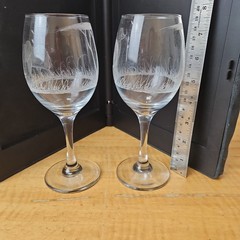 Animal etched wine glasses, SET of 2, Elephant, Buffalo 7 1/2″ unknown mark