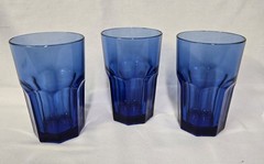 VTG Set Of 3 Libbey Crisa Boston Cobalt Blue 8 Panel Drinking Glasses 16 Oz EUC