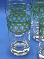 5 Vtg Clear Drinking Glasses with Dimpled Light Green Polka Dot Band Retro