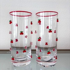 Red Cherry Icon Highball Glass Set of 2 Chic Drinkware 6in NEW